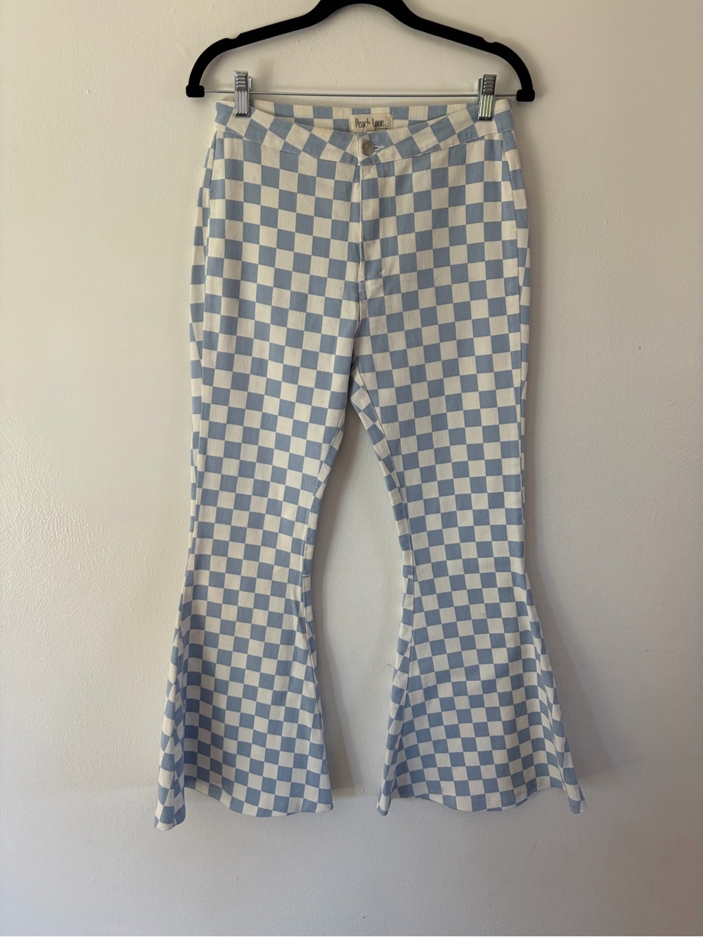 Peach Love Blue & White Checkerboard Flare Leg Pants Size Medium